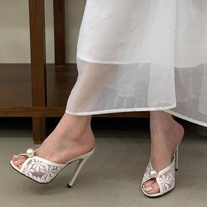 Flower Lace Upper Women on Sandals Dress Wedding Pearl Stiletto Party Shoes Thin High Heels Peep Toe Mules <b>Slides</b> - Product Image 1
