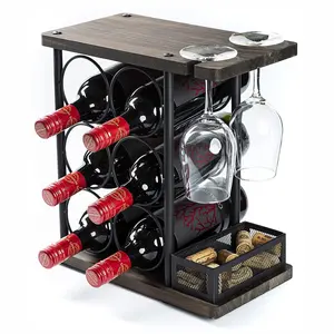 Home Decor And Kitchen Metal Countertop Bottle Wine Storage Rack With Glass Holder Countertop Cork Basket Wine Rack