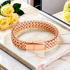 Bracelet double rang tressé en acier inoxydable pour homme, avec fermoir magnétique à double rangée, chaîne cubaine, tendance, plaqué argent - Product Image 2