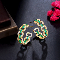 Boucles d'oreilles créoles rondes en zircon cubique vert, design Cuban Link, plaqué or 18 carats, bijoux de mode pour femmes, accessoires brésiliens