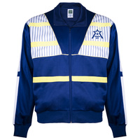 Veste de survêtement rétro personnalisée bleu roi avec rayures blanches et jaunes, fermeture éclair, col montant côtelé, manches à rayures fines, pour homme, 100 % polyester, séchage rapide