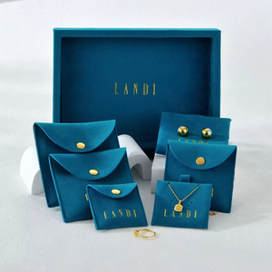 Nouvelle conception, pochette à bijoux en velours avec logo personnalisé, bouton-pression métallique, emballage de bijoux imprimé sur mesure, pochettes pour colliers avec rembourrage - Product Image 1