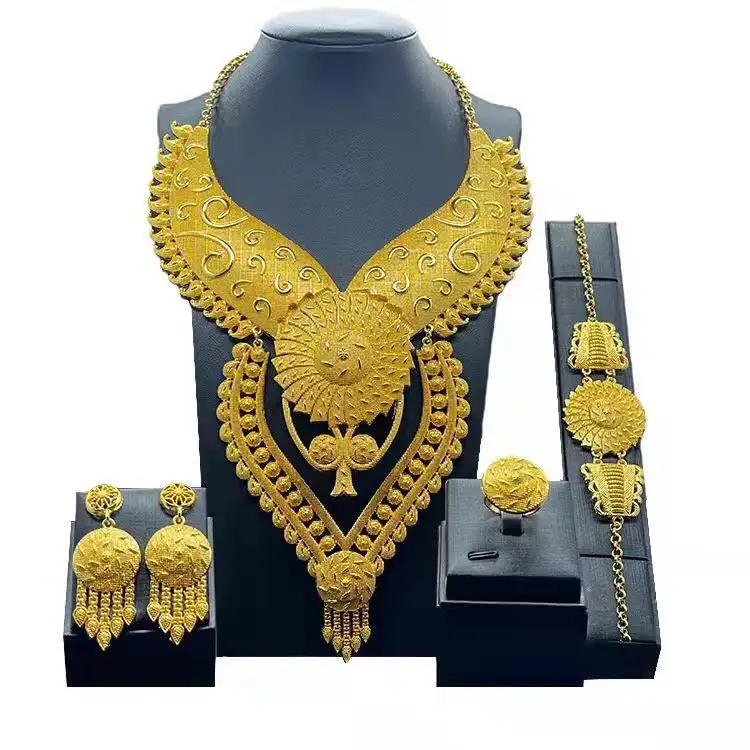 Plated Jewelry Set for Women Bridal Wedding 4pcs Sets African Bridal Wedding Jewelry Sets Wholesale Gold Trendy Opp Bag Alloy
