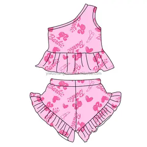 Conjuntos de ropa de salón para niñas de 0 a 16 años, con estampado de dibujos animados rosa, Tops de volantes sin mangas y pantalones cortos, trajes de 2 piezas