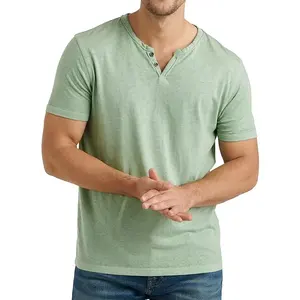 Boton novo modelo de camiseta lisa de tecido de cânhamo orgânico ecológico, camiseta esportiva casual com gola V e 2 botões