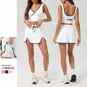 新しいデザインゴルフテニス女性アクティブスーツコントラストカラークロスVネックバックレストップドローストリング2 in 1スカートセットPadelバドミントン - Product Image 1