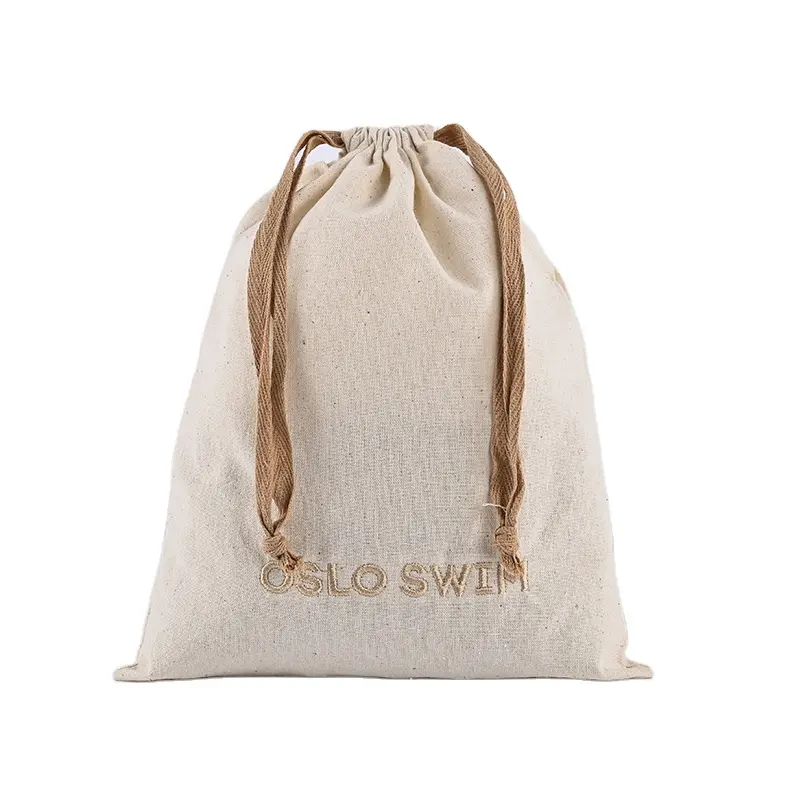 Sacchetti con coulisse in polvere di cotone e lino in mussola ricamati con Logo personalizzato riciclabile per lo shopping