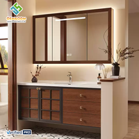 Meuble-lavabo mural double vasque en bois massif moderne OEM 2025 avec miroir LED et robinet pour salle de bain et chambre à coucher