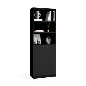 Libreria Nera a 2 Ante con 3 Ripiani, Design Moderno e Minimalista, Mobile da Soggiorno in MDF, Armadio Autoportante - Product Image 1