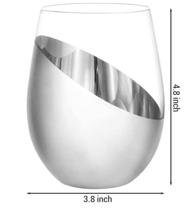 Tilted Silver Tone Metallic Stemless Wine Glasses, Beverage Drinkware Tumbler Cups, Set of 6
