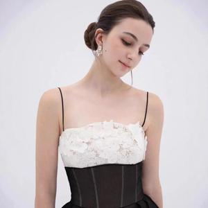 Vestido largo con tirantes, encaje, patchwork, cintura con detalle, sin tirantes, cuello halter, logo personalizado, estilo coreano, con volantes para fiesta - Product Image 5