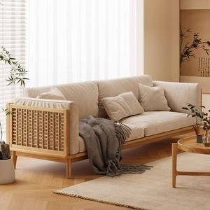 Solid Wood <b>Sofa</b> Walnut Fabric Upholstered Guest <b>Sofa</b> For Living Room New Chinese Style Furniture - Product Image 3