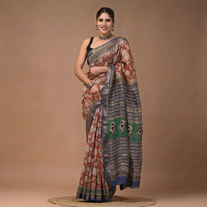 Sari en soie Maheshwari pure imprimé à la main avec pièce de blouse – Élégant soie Maheshwari pure – Vêtement ethnique imprimé à la main - Product Image 1
