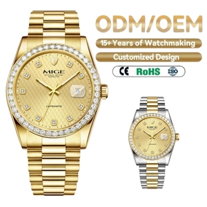 นาฬิกาข้อมือผู้ชายระบบออโตเมติกหรูหรา ระดับท็อป OEM ODM ตัวเรือนสแตนเลสสตีลสีทอง ประดับเพชรที่ขอบหน้าปัด พร้อมฟังก์ชั่นแสดงวันที่ - Product Image 1