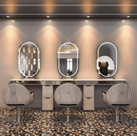 Grande Station de Coiffure/Maquillage Complète, Or, avec Miroir LED et Table, pour Salon de Coiffure ou Barber Shop