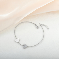 Pulsera de Plata de Ley 925 con Dos Corazones, Circonita Cúbica Pavé, Dije de Corazón Liso, Cadena de Cable Ajustable, Joyería para Mujer
