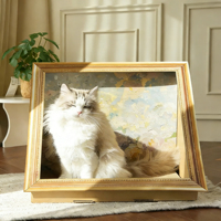 Umweltfreundliches Vier-Jahreszeiten-Katzenbett aus Wellpappe, Halbgeschlossen mit Horizontaler Gestaltung, Dekoratives Ölgemälde-Design und Integriertem Kratzbaum