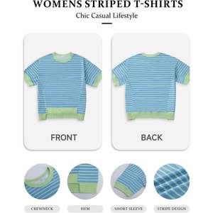 2025 femmes décontracté surdimensionné rayé T-Shirts à manches courtes col rond pull diamant décoration ajusté XS respirant Blouse - Product Image 2