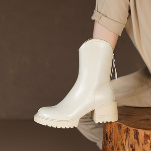 Fabrik preis Stiefeletten für Mädchen und Frauen halb kniehohe Stiefel Leder kurze Stiefel dicken Boden - Product Image 4