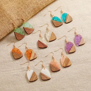 Go Party Trendy Jewelry Splicing Printing Geometric Drop Earrings Resin Stitching Wooden Irregular Pendant Earrings Women