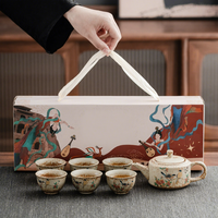 Set Teh Tanah Liat Kasar Oriental Vintage Dengan Nampan Drainase Persegi Panjang dan Teko Buatan Tangan Dengan 6 Cangkir