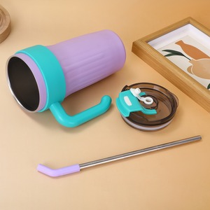 Gobelet à café isotherme de 860 ml avec poignée, corps rayé en acier inoxydable, paille métallique réutilisable, grande tasse de voyage sous vide - Product Image 3