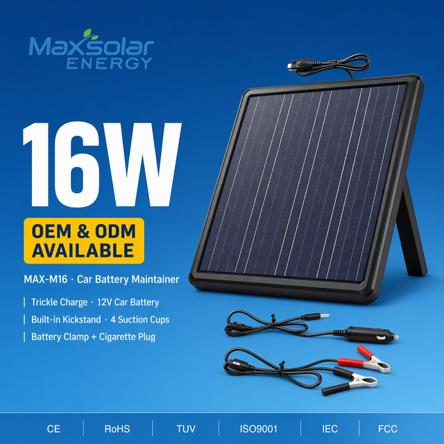 16W 18V Solar Battery Maintainer 12V Car Boat RV Trickle Charger with Battery Clamp Cigarette Lighter Plug Suction Cups
