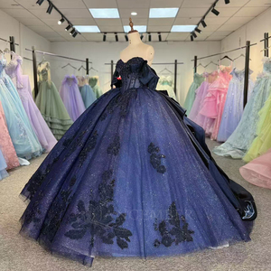Vestido de Quinceañera Azul Marino Brillante Dy6905 con Encaje Mexicano y Cuentas, Vestidos de 15 Años, Vestido de Princesa para Fiesta de 16 Años, Jancember - Product Image 3