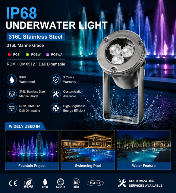 RGBW 4in1 Marine LED Underwater 316L Stainless Steel 24V DC 12W IP68 DMX Fountain Lights Warm White 3-Year Warranty Ra80