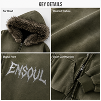 OEM Vintage Monkey Blouson d'hiver zippé pour homme, effet délavé, avec fausse fourrure amovible, grammage lourd, imprimé lettres, coupe oversize, style streetwear