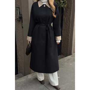 Manteau long noir pour femme, col trench, double boutonnage, imperméable, doublure en cachemire, décoration imprimée, saison automne/hiver - Product Image 5