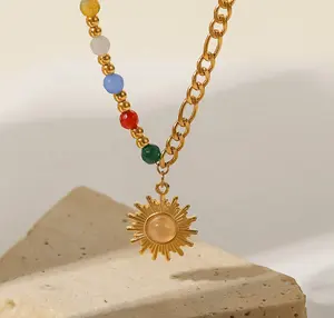 Mode Coloré Perles Naturelles Collier Bijoux 18k Plaqué Or En Acier Inoxydable Significatif Sunbeam Soleil Opale Pierre Collier