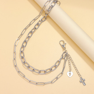 European And American Fashion Hip Hop Double <b>Cross</b> Pendant Metal Pants <b>Chain</b> Unisex Street Style Accessory Daily Wear Zinc Alloy - Product Image 4