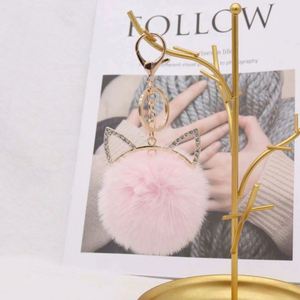 Porte-clés de luxe mignon avec oreilles de chat et pompon, boule de fourrure moelleuse, jouet en peluche, pendentif de sac, cadeau, porte-clés en strass - Product Image 1