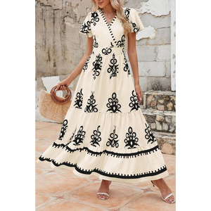 Của phụ nữ 2025 mùa hè giản dị v-cổ hoa in phong cách bohemian aline loe tay áo nhiều lớp dài ăn mặc với túi - Product Image 6