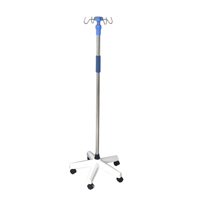 Hospital Five Legs Stainless Steel Infusion Stand with Casters Mobile Movable IV Pole Drip Stand