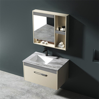Meuble-lavabo mural flottant de luxe moderne crème OEM avec miroir LED intelligent et vasque en céramique pour projets hôteliers