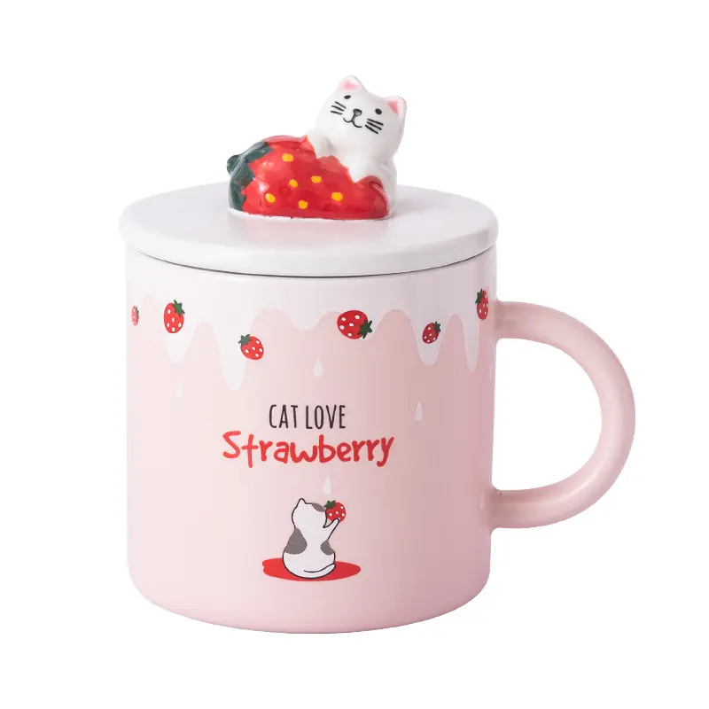 11oz 3D Cute Strawberry Kitty Lid Coffee Cup Porcelain for Printing Accessories Ceramic Style Modern Pink Kids Feature Eco Type