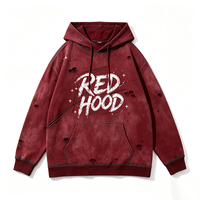 Sweat à capuche bordeaux vieilli Kornit DTG, style grunge ample, avec motif graphique rétro épuré en forme de croix et d'étoile, et ourlet côtelé à effet usé sur toute la surface.