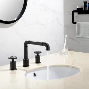 Rubinetto per lavabo in ottone nero opaco miscelatore per acqua calda e fredda rubinetto per lavabo da bagno industriale a 3 fori montato sul ponte