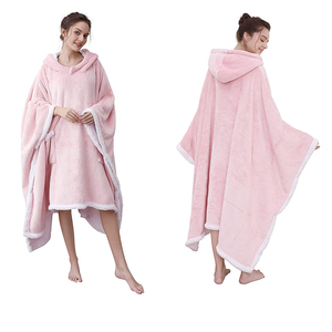 Fluffy Flannel Sherpa Fleece Winter Sweatshirt Wearable Hooded Cape Pullover Poncho <strong>Blanket</strong> With Sleeves - Product Image 3