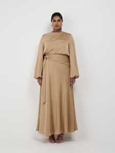 Robe maxi à col rond en satin doré sur mesure en gros, à nouer devant, taille naturelle, unie, élégante pour femmes, lavable à 100% - Product Image 2