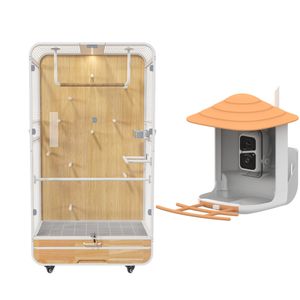 Luxe Indoor Vogelhuisje En Slimme Vogelvoedercombinatie Elegante Houten Verzorgingset Voor Huisdieren Met Printpatroon - Product Image 1