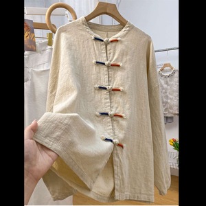Chinese Style Linen Long Sleeve Shirt Beige Cotton Blend Traditional Zen Inspired Daily Wear Top - Product Image 1
