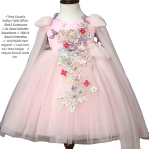 Abito da Principessa in Tulle Rosa per Bambine con Dettagli Floreali 3D e Farfalle, Vestito Formale per Feste, Personalizzabile, Vendita all'Ingrosso - Product Image 1