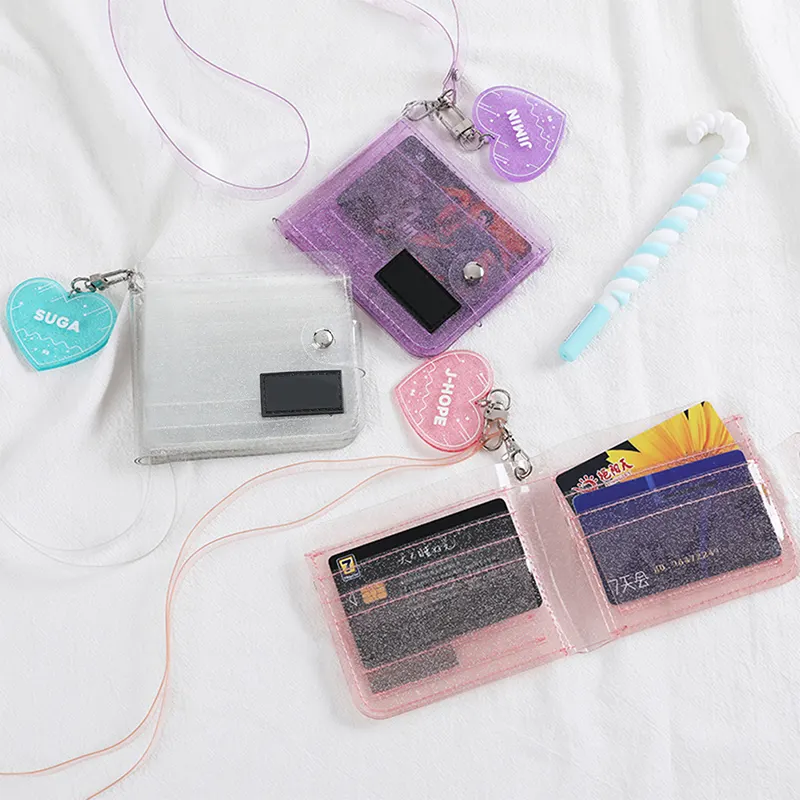 한국 스타일 투명 PVC 접는 매달려 가방 목 투명 반짝이 지갑 소녀 ID 카드 홀더 지갑