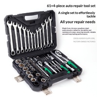 Kit d'outils de réparation automobile 61+4 pièces, Trousse à outils domestique ; Jeu de douilles et clés 2-en-1 avec embouts à cliquet, Boîte complète en matériau CRV