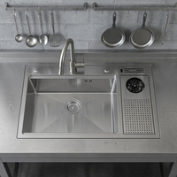 Évier de cuisine multifonctionnel à cuve unique fait main avec rince-verre intégré et égouttoir perforé pour comptoir de cuisine domestique
