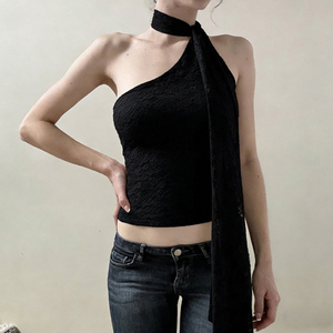 Camisola de Verano al por Mayor para Mujer, Estilo Y2K, Dulce, con un Hombro Descubierto, Halter, Encaje, Sin Espalda, Ajustada - Product Image 6