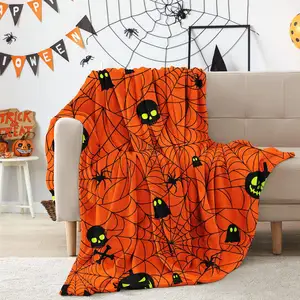 Orange Pumpkin Spooky ragnatele Bat Throw coperta Sherpa stampata coperta di Halloween